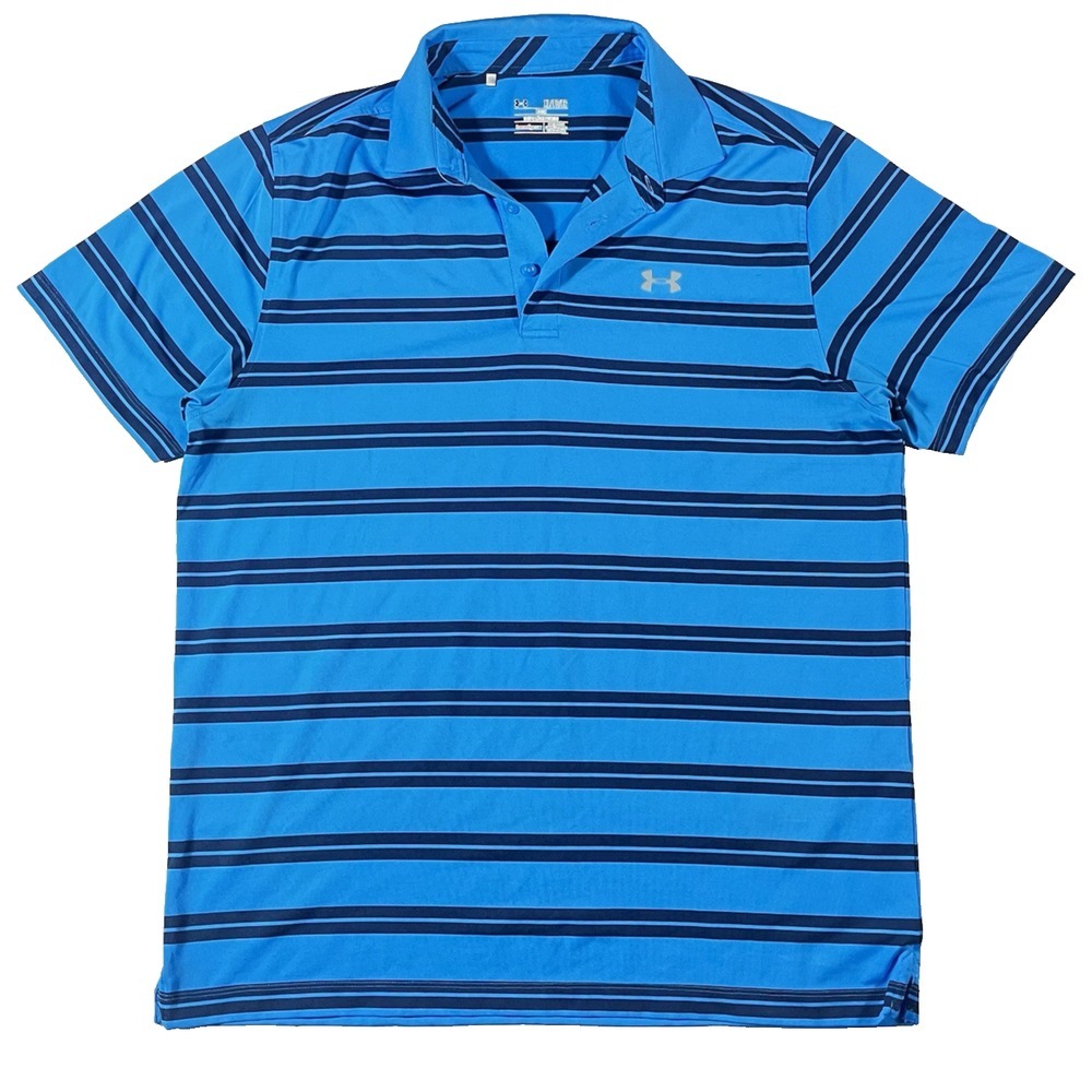 Under Armor Mens XL Blue Athletic Golf Polo Loose Heat Gear Striped *See Pics*